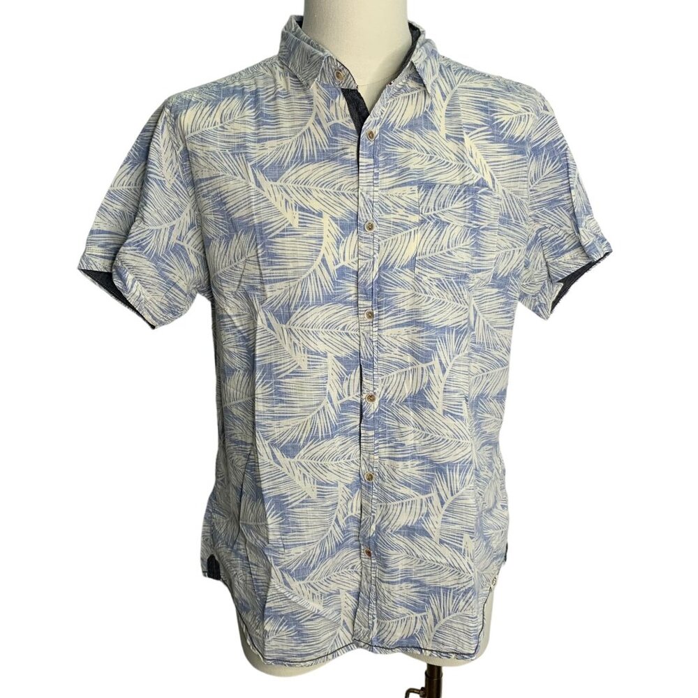 Free Planet Button Up Short Sleeve Shirt L White Blue Palm Leaves Pocket Cotton
